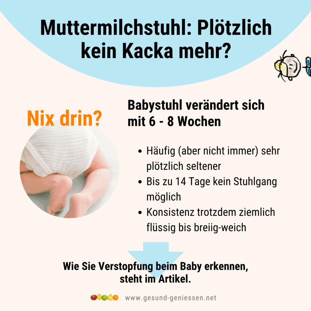 Infografik zur veränderten Häufigkeit von Muttermilchstuhl ab der 6. Lebenswoche beim vollgestillten Baby.