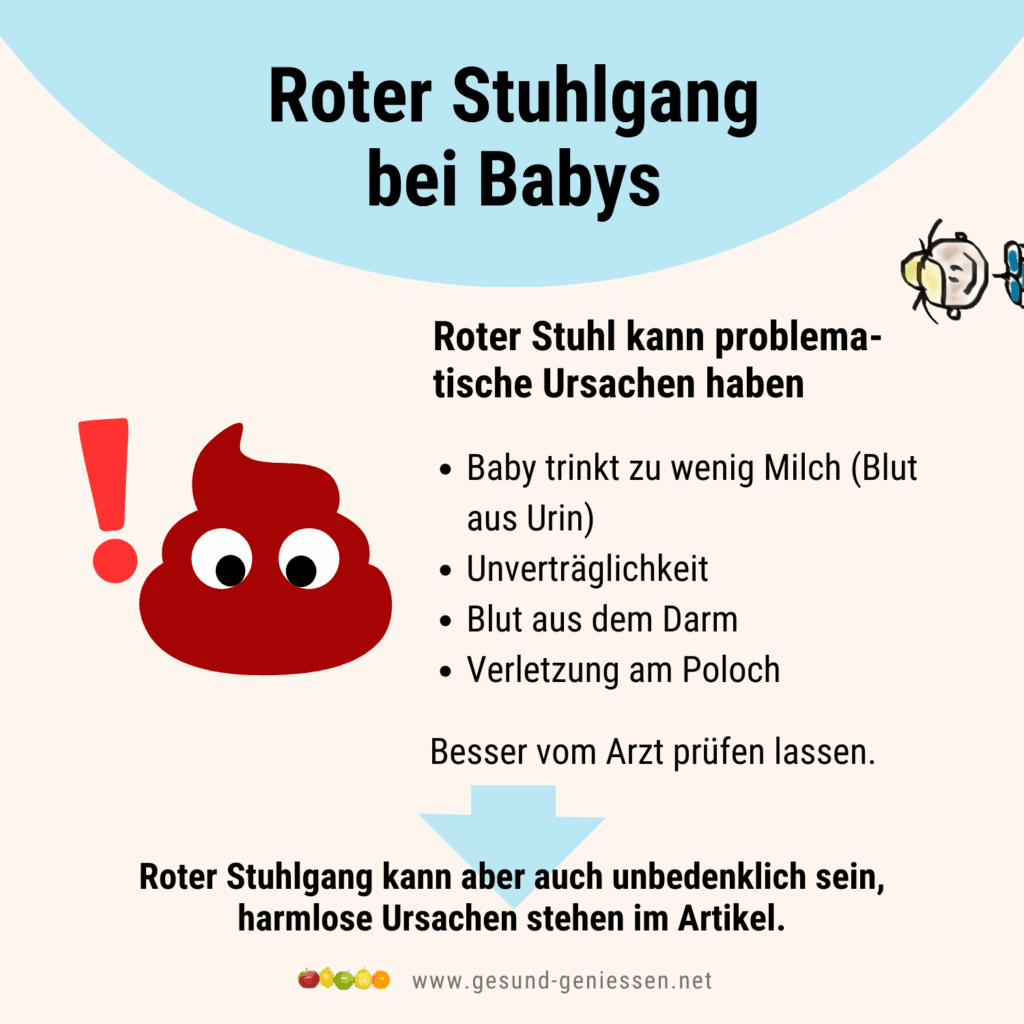 Infografik zu den problematischen Ursachen für roten Stuhlgang oder Blut in der Windel beim Baby.